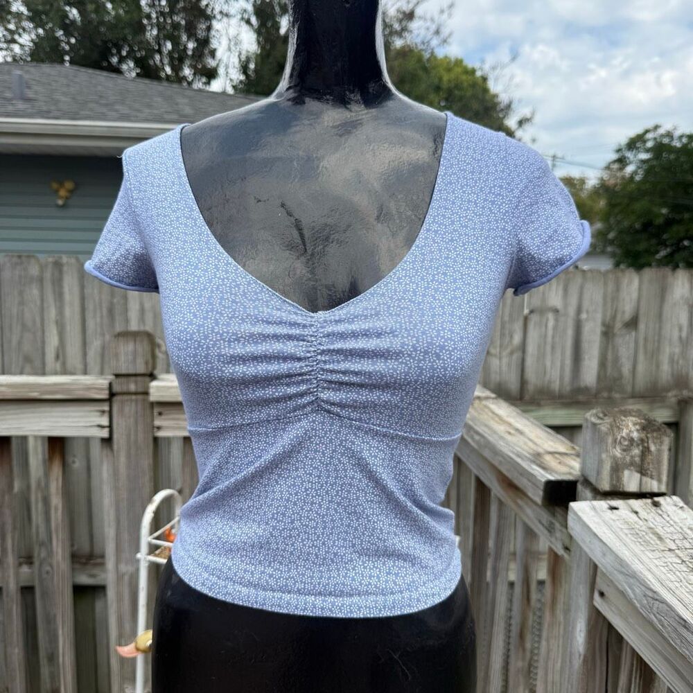 Brandy Melville Blue Floral Ruched V Neck Baby Tee Top Shirt